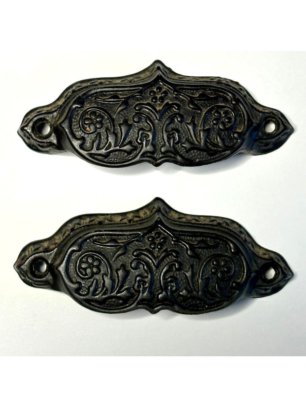 Two Eastlake Antique Victorian Cast Brass/Bronze Bin Pulls Antique Ornate Flower